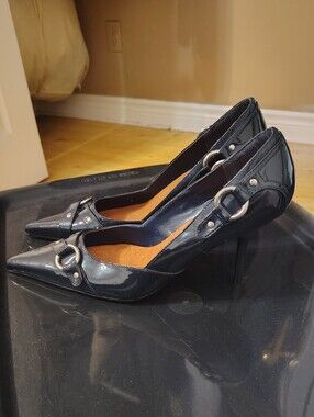 Navy Patent Pointed-Toe Stiletto Pumps with Silver Ring Detail